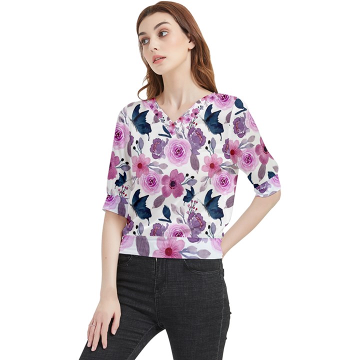 Purple-flower-butterfly-with-watercolor-seamless-pattern Quarter Sleeve Blouse