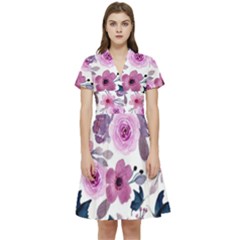 Purple-flower-butterfly-with-watercolor-seamless-pattern Short Sleeve Waist Detail Dress