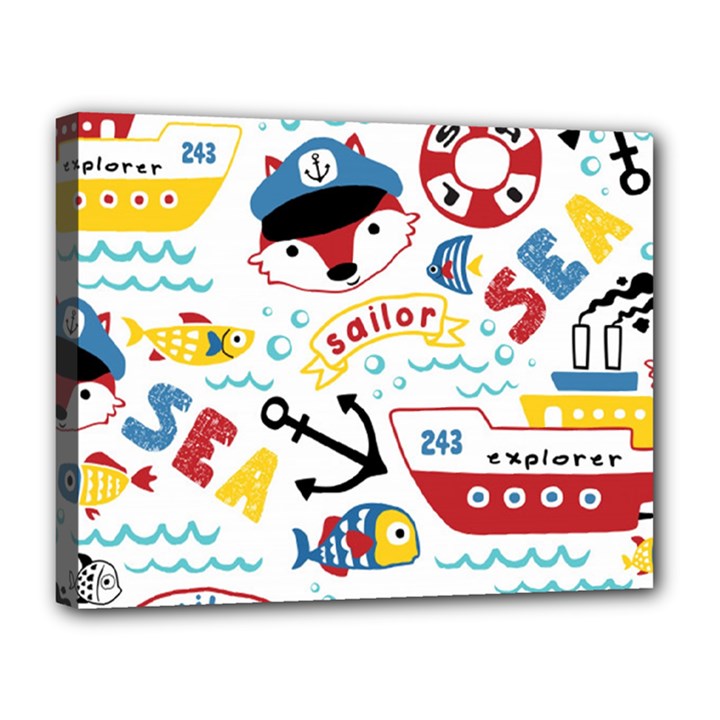 Seamless-pattern-vector-sailing-equipments-cartoon Canvas 14  x 11  (Stretched)