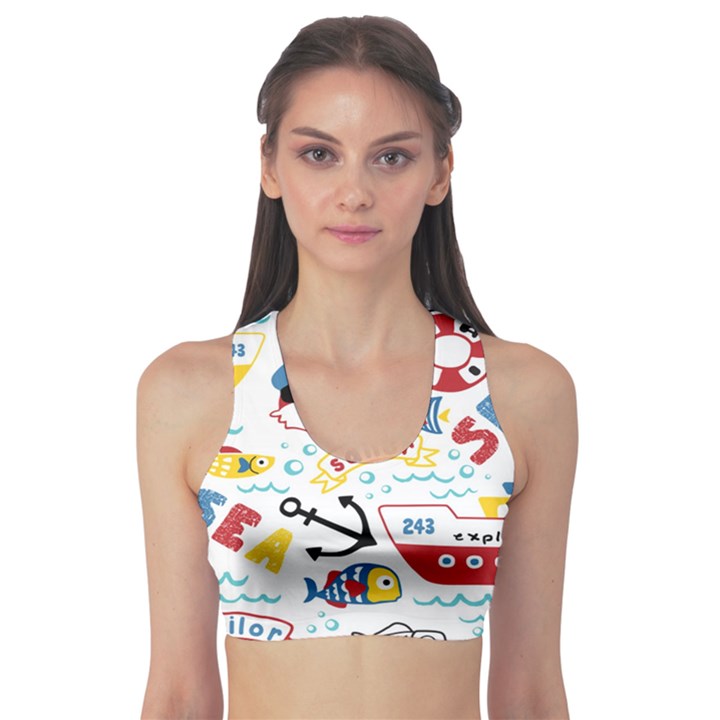 Seamless-pattern-vector-sailing-equipments-cartoon Sports Bra