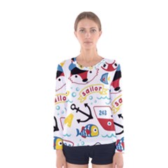 Seamless-pattern-vector-sailing-equipments-cartoon Women s Long Sleeve Tee