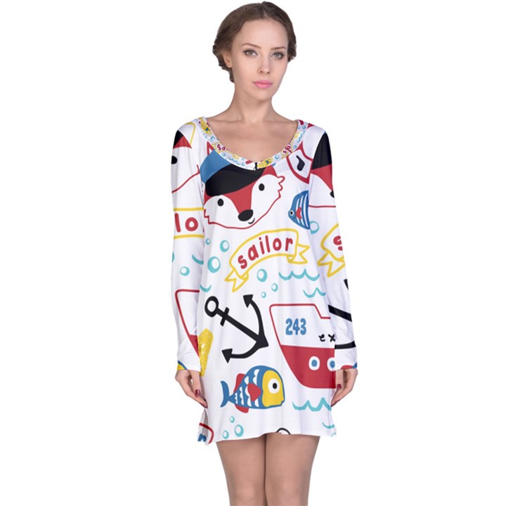 Seamless-pattern-vector-sailing-equipments-cartoon Long Sleeve Nightdress