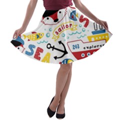 Seamless-pattern-vector-sailing-equipments-cartoon A-line Skater Skirt