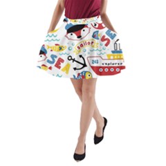 Seamless-pattern-vector-sailing-equipments-cartoon A-line Pocket Skirt