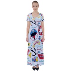 Seamless-pattern-vector-sailing-equipments-cartoon High Waist Short Sleeve Maxi Dress