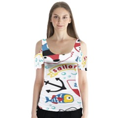 Seamless-pattern-vector-sailing-equipments-cartoon Butterfly Sleeve Cutout Tee 