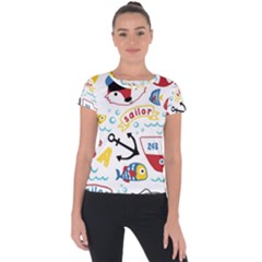 Seamless-pattern-vector-sailing-equipments-cartoon Short Sleeve Sports Top 