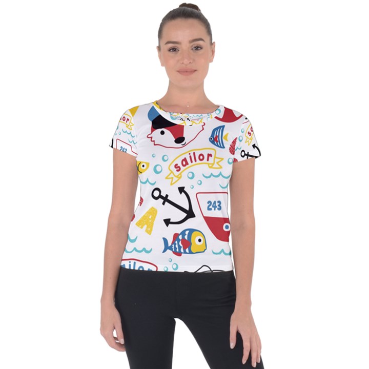 Seamless-pattern-vector-sailing-equipments-cartoon Short Sleeve Sports Top 