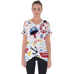 Seamless-pattern-vector-sailing-equipments-cartoon Cut Out Side Drop Tee