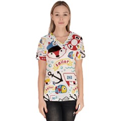 Seamless-pattern-vector-sailing-equipments-cartoon Women s V-neck Scrub Top