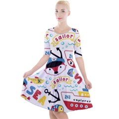 Seamless-pattern-vector-sailing-equipments-cartoon Quarter Sleeve A-line Dress