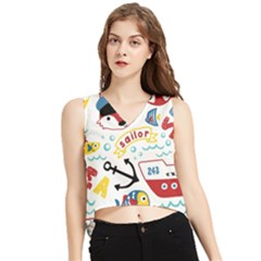 Seamless-pattern-vector-sailing-equipments-cartoon V-neck Cropped Tank Top