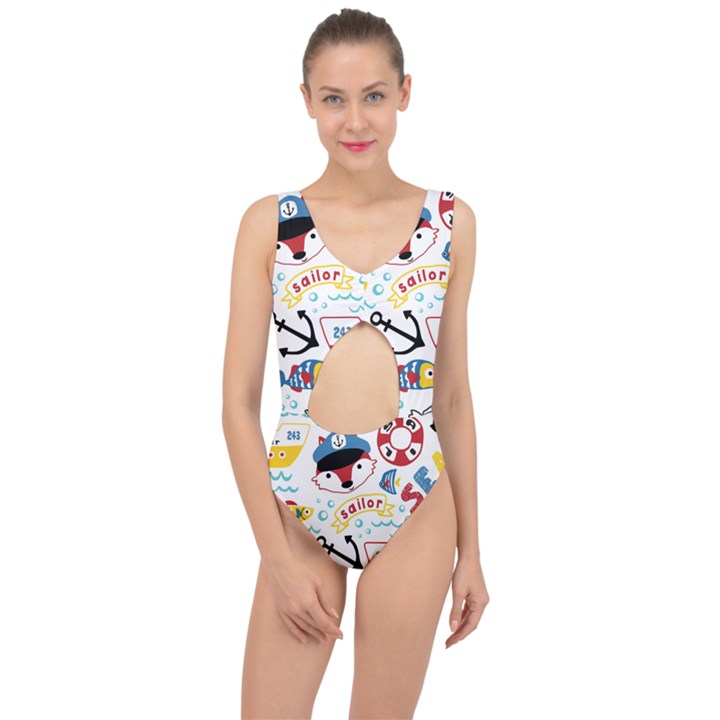 Seamless-pattern-vector-sailing-equipments-cartoon Center Cut Out Swimsuit