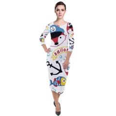 Seamless-pattern-vector-sailing-equipments-cartoon Quarter Sleeve Midi Velour Bodycon Dress