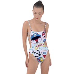 Seamless-pattern-vector-sailing-equipments-cartoon Tie Strap One Piece Swimsuit