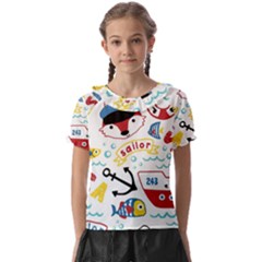 Seamless-pattern-vector-sailing-equipments-cartoon Kids  Frill Chiffon Blouse