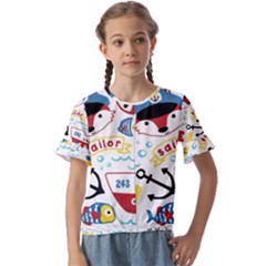 Seamless-pattern-vector-sailing-equipments-cartoon Kids  Cuff Sleeve Scrunch Bottom Tee