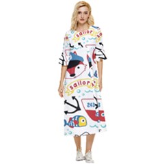 Seamless-pattern-vector-sailing-equipments-cartoon Double Cuff Midi Dress