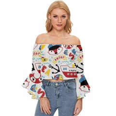 Seamless-pattern-vector-sailing-equipments-cartoon Off Shoulder Flutter Bell Sleeve Top