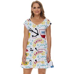 Seamless-pattern-vector-sailing-equipments-cartoon Short Sleeve Tiered Mini Dress