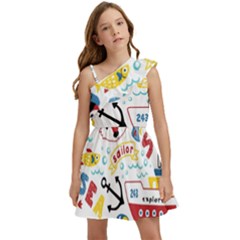 Seamless-pattern-vector-sailing-equipments-cartoon Kids  One Shoulder Party Dress