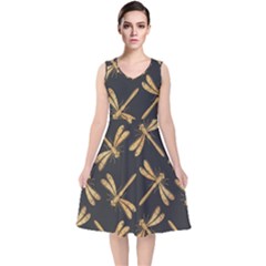 Golden-dragonfly-seamless-pattern-textile-design-wallpaper-wrapping-paper-scrapbooking V-neck Midi Sleeveless Dress 