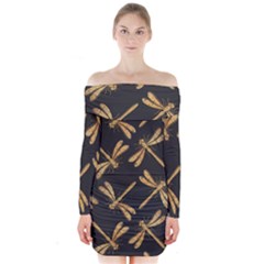 Golden-dragonfly-seamless-pattern-textile-design-wallpaper-wrapping-paper-scrapbooking Long Sleeve Off Shoulder Dress