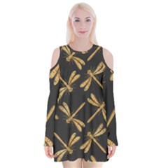 Golden-dragonfly-seamless-pattern-textile-design-wallpaper-wrapping-paper-scrapbooking Velvet Long Sleeve Shoulder Cutout Dress