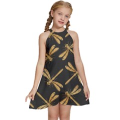 Golden-dragonfly-seamless-pattern-textile-design-wallpaper-wrapping-paper-scrapbooking Kids  Halter Collar Waist Tie Chiffon Dress