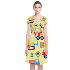 Seamless-pattern-vector-industrial-vehicle-cartoon Short Sleeve Front Wrap Dress