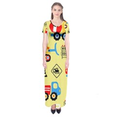 Seamless-pattern-vector-industrial-vehicle-cartoon Short Sleeve Maxi Dress