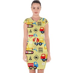 Seamless-pattern-vector-industrial-vehicle-cartoon Capsleeve Drawstring Dress 