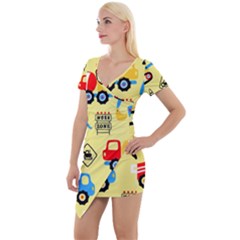 Seamless-pattern-vector-industrial-vehicle-cartoon Short Sleeve Asymmetric Mini Dress