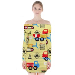 Seamless-pattern-vector-industrial-vehicle-cartoon Long Sleeve Off Shoulder Dress