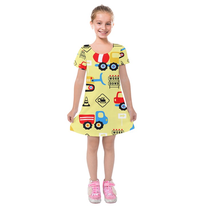 Seamless-pattern-vector-industrial-vehicle-cartoon Kids  Short Sleeve Velvet Dress