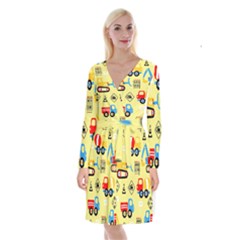 Seamless-pattern-vector-industrial-vehicle-cartoon Long Sleeve Velvet Front Wrap Dress