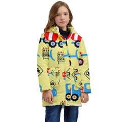 Seamless-pattern-vector-industrial-vehicle-cartoon Kid s Hooded Longline Puffer Jacket