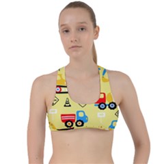 Seamless-pattern-vector-industrial-vehicle-cartoon Criss Cross Racerback Sports Bra