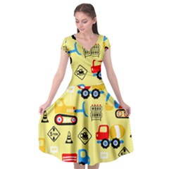 Seamless-pattern-vector-industrial-vehicle-cartoon Cap Sleeve Wrap Front Dress