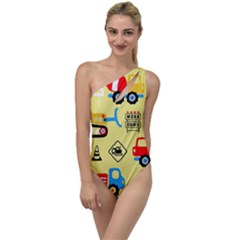 Seamless-pattern-vector-industrial-vehicle-cartoon To One Side Swimsuit