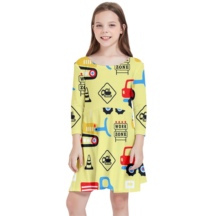 Seamless-pattern-vector-industrial-vehicle-cartoon Kids  Quarter Sleeve Skater Dress