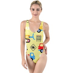 Seamless-pattern-vector-industrial-vehicle-cartoon High Leg Strappy Swimsuit