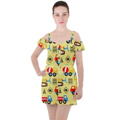 Seamless-pattern-vector-industrial-vehicle-cartoon Ruffle Cut Out Chiffon Playsuit