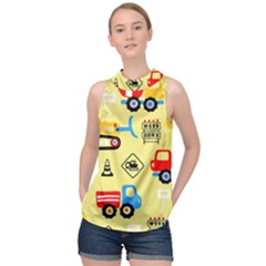 Seamless-pattern-vector-industrial-vehicle-cartoon High Neck Satin Top