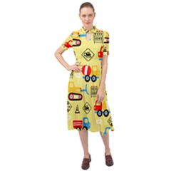 Seamless-pattern-vector-industrial-vehicle-cartoon Keyhole Neckline Chiffon Dress