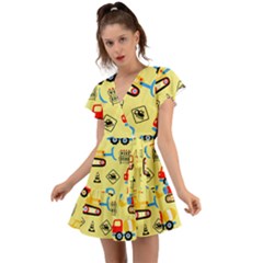 Seamless-pattern-vector-industrial-vehicle-cartoon Flutter Sleeve Wrap Dress