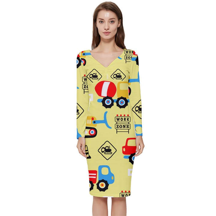 Seamless-pattern-vector-industrial-vehicle-cartoon Long Sleeve V-Neck Bodycon Dress 