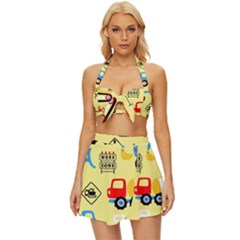 Seamless-pattern-vector-industrial-vehicle-cartoon Vintage Style Bikini Top And Skirt Set 