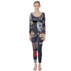 Hand-drawn-pattern-space-elements-collection Long Sleeve Catsuit