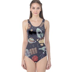 Hand-drawn-pattern-space-elements-collection One Piece Swimsuit